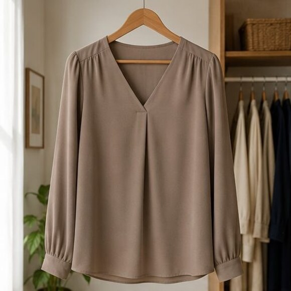 None Tops - Taupe Crepe V Neck Blouse